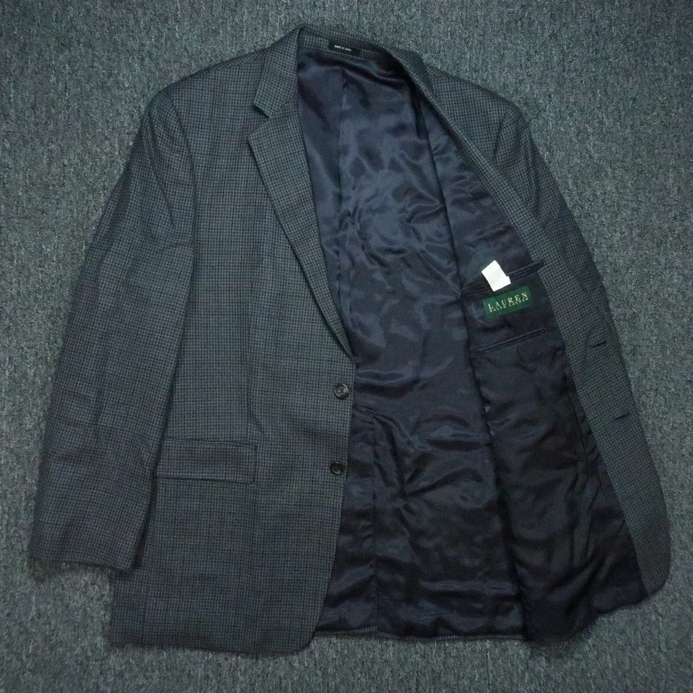 Lauren Ralph Lauren‎ Blazer Mens 44L Gray Blue Houndstooth Wool LRL Sport Coat